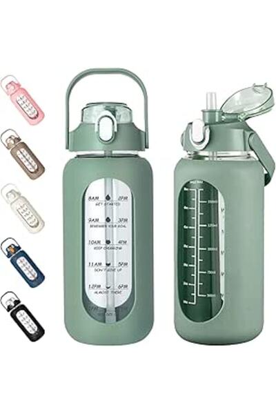 Generic kytffu 64oz Glass Water Bottles with Straw, Half Gallon Motivational Glass Bottle with Silicone Slee