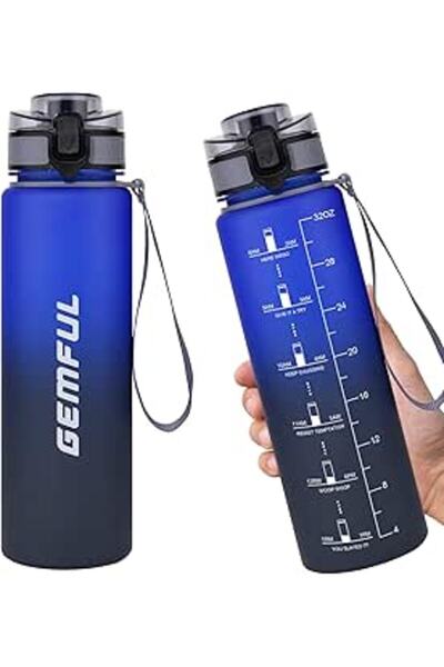 Generic GEMFUL Water Bottle 1L with Straw Time Marker Tritan BPA Free for Fitness Gym Outdoor Sports (Blue/g