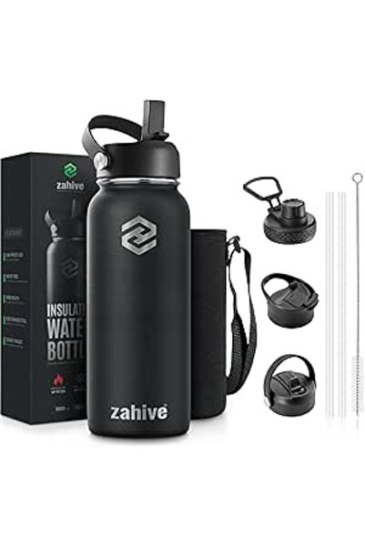 Generic زجاجة مياه زهايف من الفولاذ المقاوم للصدأ سعة 1 لتر مع 3 أغطية وحقيبة - زجاجة مياه معزولة مع شفاطة - 1000 متر