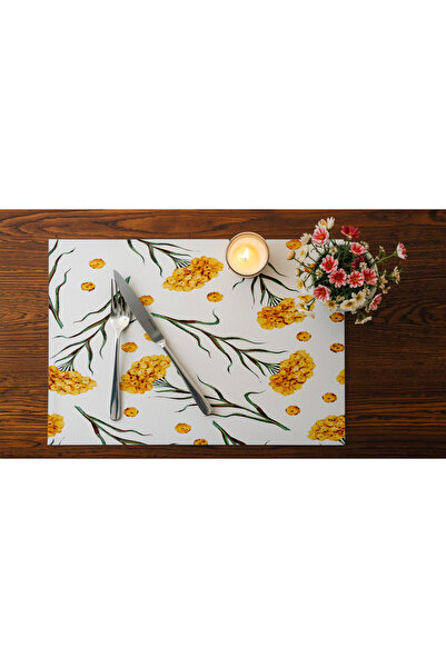 QueenHome Yellow Floral Patterned American Placemat - 30X45 cm Washable Overlock Edged Tableware Decoration Mat