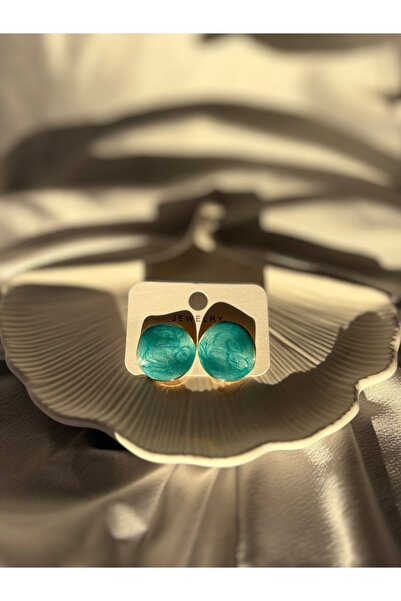 lesuvera Mavi Gold Simli Büyük Geometrik Yuvarlak Mermer Desen Renkli Küpe