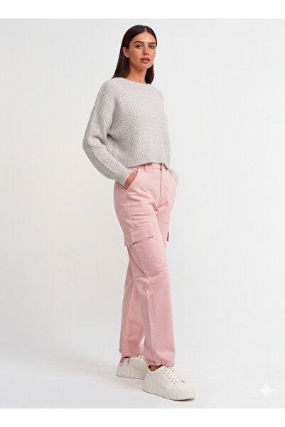 Dilvin 10351 Crew Neck Openwork Pattern Sweater-Grey