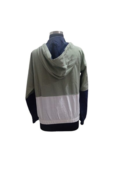 ZY BUTİK Green-White-Navy Blue Hooded Linen Pocket Sports Jacket