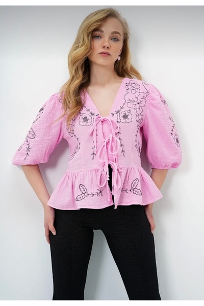 hedef giyim Embroidered Tie-Up Muslin Blouse