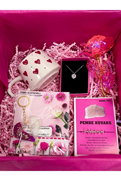 Perry Accesories kararmaz çelik pembe kalp kolye ,kalp anahtarlık ,solmaz gül ,doğal taş bileklik ve kalp kupa set
