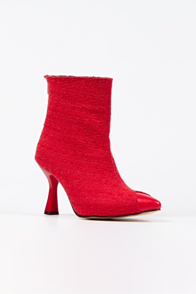 BERFONA Leo Kırmızı Önü Kırmızı Cilt Arka Fermuar Detaylı Kadın Bot Bottie
