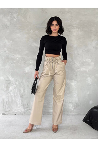 By Mop Self Thin Belt Leather Pants Beige T1178