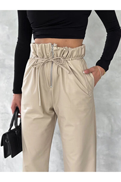 By Mop Self Thin Belt Leather Pants Beige T1178