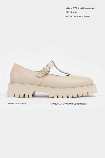 NİŞANTAŞI SHOES Stana Bej Hakiki Deri Toka Detaylı Kalın Taban Kadın Ayakkabı