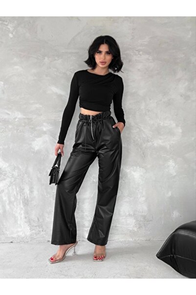 By Mop Self Thin Belt Leather Pants Black T1178
