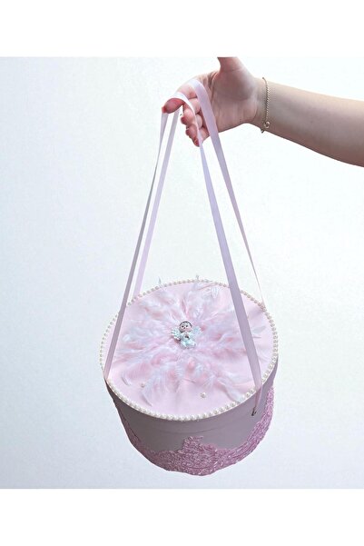 Botez Chest – pink, angel pattern with lace and feathers