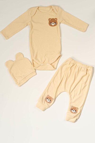 agugu Teddy Bear Embroidered 3-Piece Ribbed Baby Set Cream