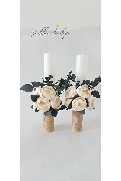 Yellow Tulip Set lumanari cununie/ nunta cu bujori nemuritori sola si eucalip...