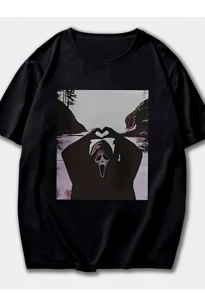 İSMTEXS تي شيرت مطبوع عليه وجه شبحي بأكمام قصيرة وياقة دائرية للجنسين للاستخد...