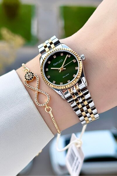 Ferrucci Kadranı Yeşil Kordonu Gold Gümüş Renk 24 Mm Kadın Kol Saati ve Bileklik