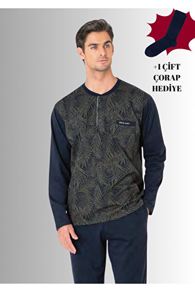 Pierre Cardin 100% Cotton Half-Patch Long Sleeve Straight Leg Jacquard Pajama Set (with Socks as a Gift)