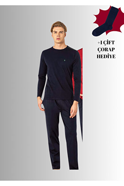 Pierre Cardin %100 Pamuklu Bisiklet Yaka Uzun Kol Düz Paça Pijama Takımı (Çorap Hediyeli)