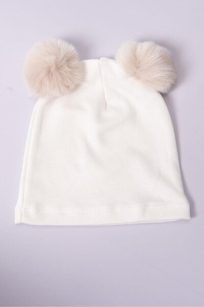 agugu White Girl's Beret with Beige Pompom