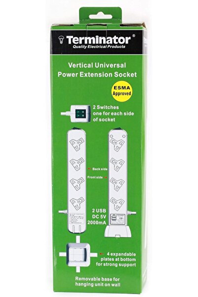 Terminatör Terminator 8 Way Universal Vertical Power Extension with 2 USB Ports - 8A