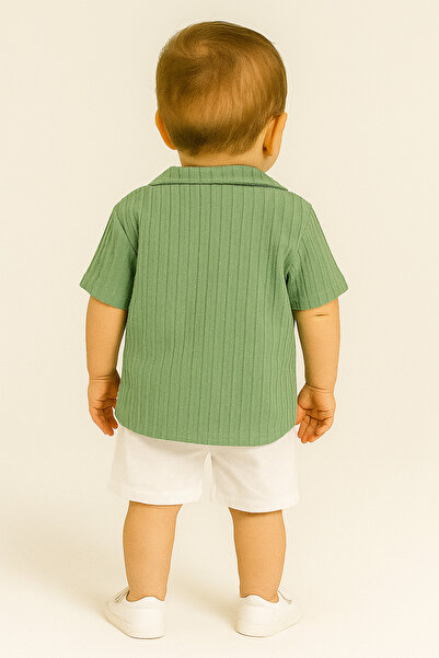 agugu Pamela Embossed Striped Shirt Summer Men's 2-Piece Set Khaki