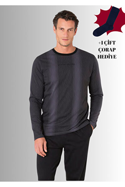 Pierre Cardin %100 Pamuklu Bisiklet Yaka Uzun Kol Düz Paça Pijama Takımı (Çorap Hediyeli)
