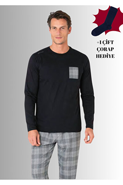 Pierre Cardin 100% Cotton Crew Neck Long Sleeve Straight Leg Pajama Set (with Socks as a Gift)