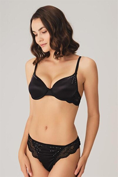 CHI'LA Collection Lace Negligee Underwire Push-Up Padded Rhinestone Bra and String 3 Piece Set