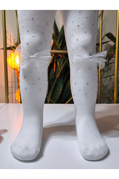 Ekinoks Baby Girl Children's Pantyhose Cotton Stoned Bowknot Scented White