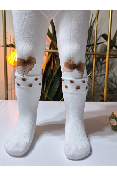 Ekinoks Baby Girl Children's Pantyhose Cotton Bow Tulle Ribbed Scented Beige