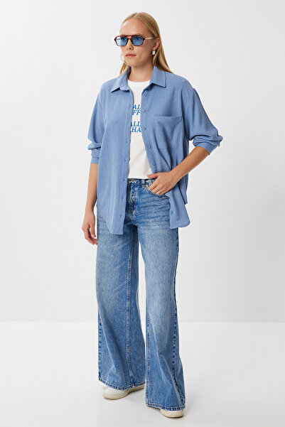 Lovelyİstanbul Oversize Crinkle Knitted Shirt Lub0246 Indigo Blue
