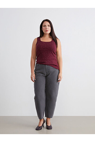 LC Waikiki Burgundy Plus Size U-Neck Rhinestone Women's Tank Top