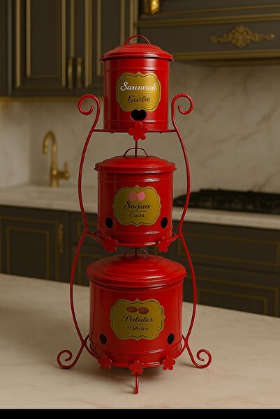 FERONYA Red 3-Tier Metal Storage Container Set – Decorative Kitchen Organizer for Potatoes, Onions, and Garlic