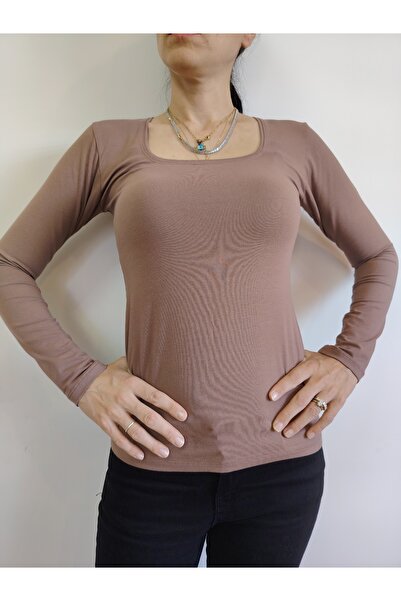 moda felinya Women's Coffee-Colored Square Neck Long Sleeve Bodysuit