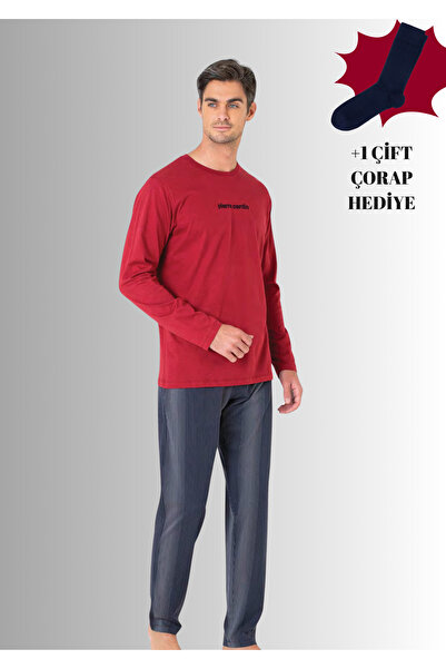 Pierre Cardin 100% Cotton Crew Neck Long Sleeve Straight Leg Pajama Set (with Socks as a Gift)