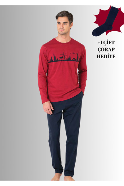 Pierre Cardin 100% Cotton Crew Neck Long Sleeve Straight Leg Pajama Set (with Socks as a Gift)