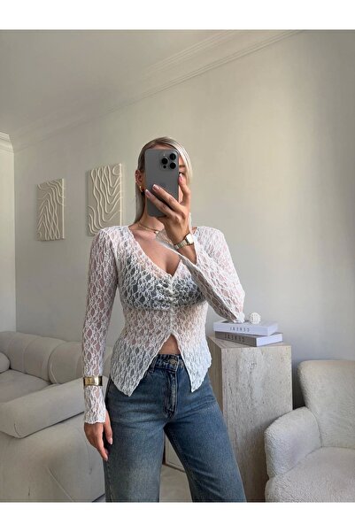 Zora Butik Yırtmaç Detay Dantel Crop - BEYAZ