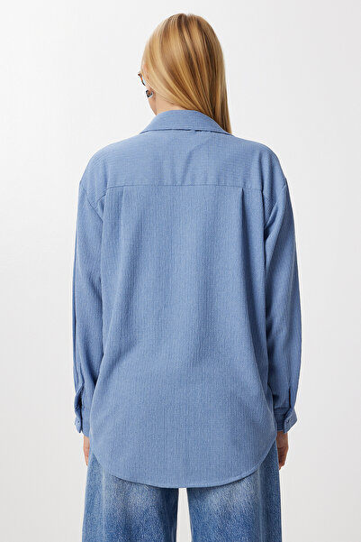 Lovelyİstanbul Oversize Crinkle Knitted Shirt Lub0246 Indigo Blue