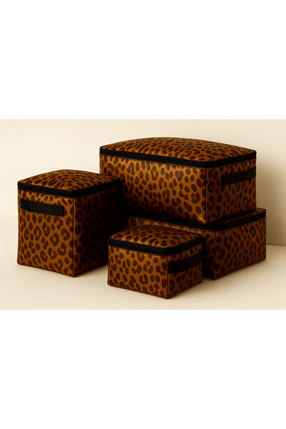 Gül Leopar Desenli Dörtlü Hurç Seti Saten Dış Yüzey Elyaf İç Kaplama Düzenleme ve Saklama Çözümü