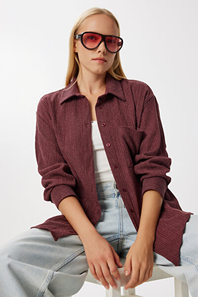Lovelyİstanbul Oversize Crinkle Knitted Shirt Lub0246 Mürdüm