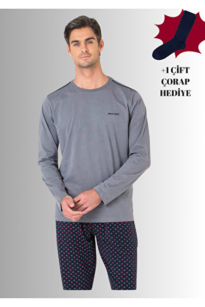 Pierre Cardin 100% Cotton Crew Neck Long Sleeve Straight Leg Pajama Set (with Socks as a Gift)