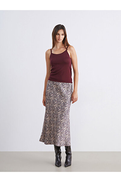 LC Waikiki Soulife Brown Patterned Satin Skirt with Elastic Waist