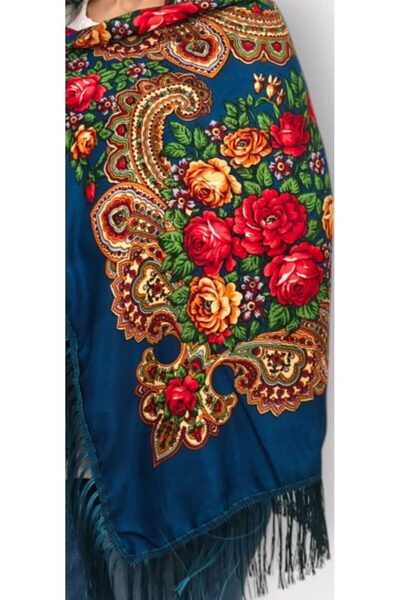 OMS Blue fringed scarf 107×107 cm