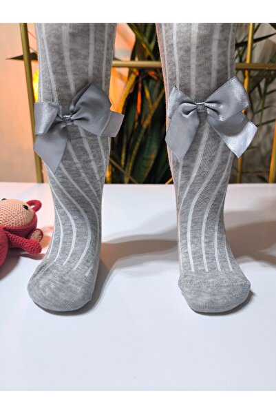 Ekinoks Baby Girl Children's Pantyhose Cotton Bow Ribbed Scented Gray