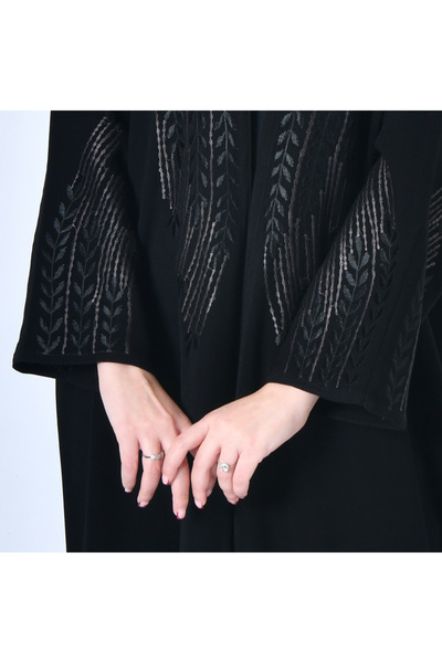 HAWRAA Black wrap abaya with embroidery on the sides of the abaya and sleeves in black and dark gray