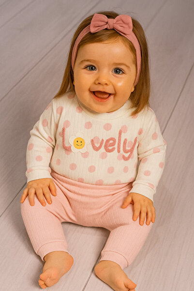 agugu Polka Dot Baby Girl Set with the Words'Lovely' in Dusty Pink
