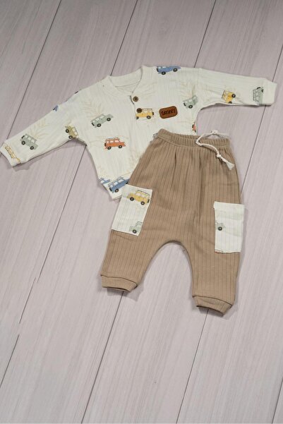 agugu Safari Vehicle Patterned Bottom 2-Piece Baby Set Beige