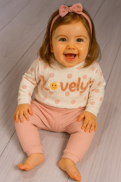 agugu Polka Dot Baby Girl Set with the Text'Lovely' Yavruağzı