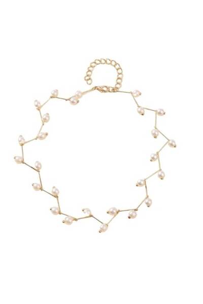 SYGGY Colier Zig Zag, tip choker, auriu cu perle false