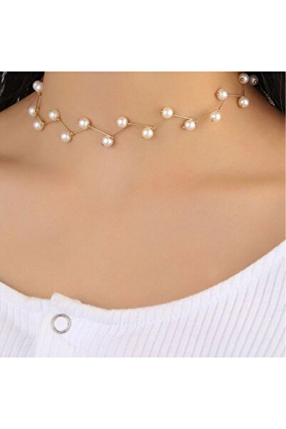 SYGGY Colier Zig Zag, tip choker, auriu cu perle false
