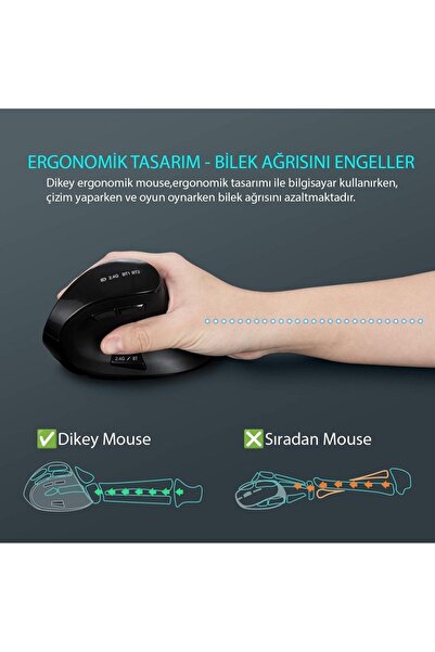 FORTİCO Dikey Ergonomik Şarj Edilebilir Sessiz Mouse Bluetooth+2.4G Kablosuz